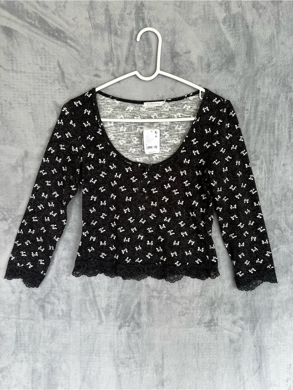 Free People Intimately Stolen Dance pajama top charcoal gray Bow Lace M NWT